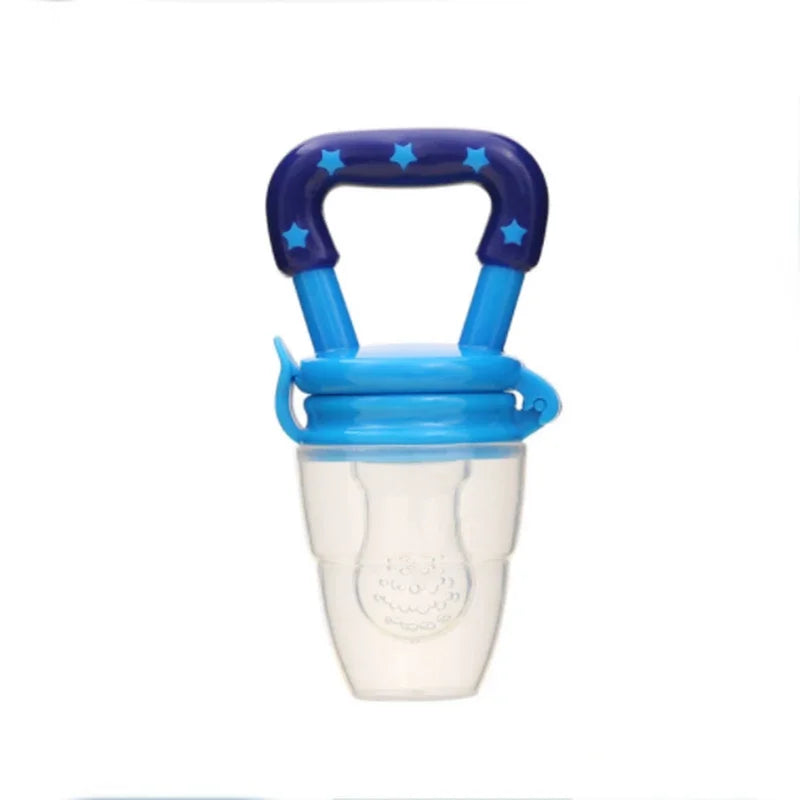 A blue baby feeder with a star-patterned handle and a clear silicone pouch designed for safely introducing solid foods to infants.