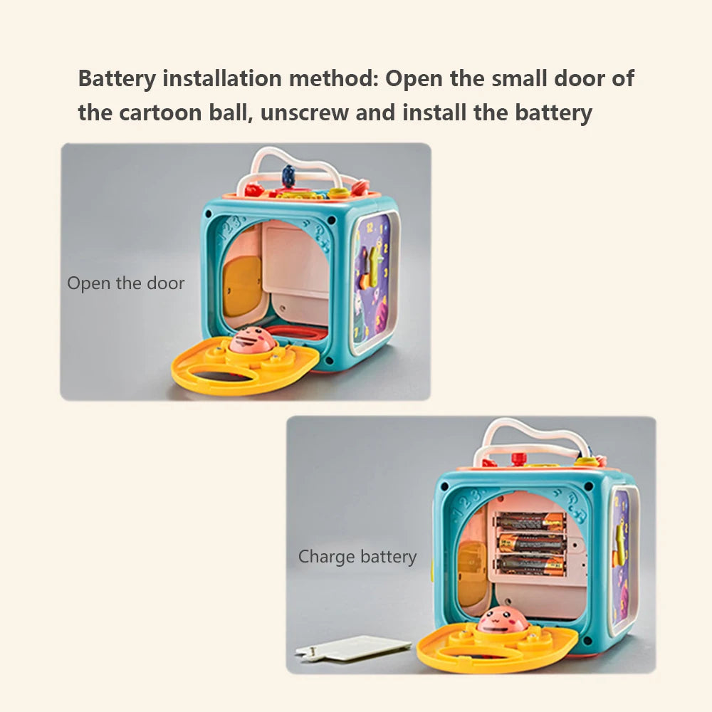 Toy cube with open door showing battery compartment. Top image shows opening the door, bottom image shows batteries inside. Instructions above explain installation method.