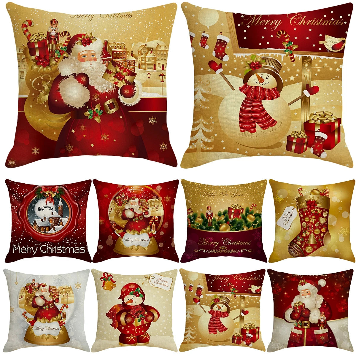 Festive Christmas-themed pillow covers featuring Santa, snowmen, stockings, and gifts in red and gold designs with "Merry Christmas" greetings, snowflakes, and holiday decor.