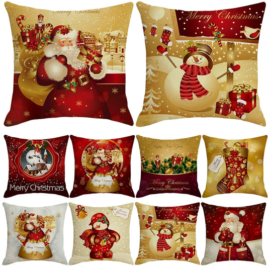 Festive Christmas-themed pillow covers featuring Santa, snowmen, stockings, and gifts in red and gold designs with "Merry Christmas" greetings, snowflakes, and holiday decor.