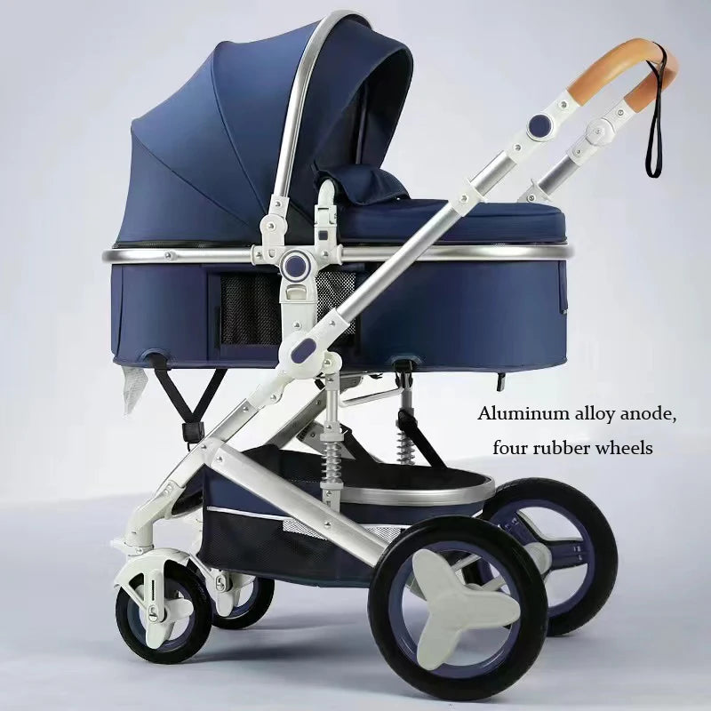 Modern baby stroller with a navy-blue bassinet, aluminum alloy frame, leather handle, and four rubber wheels. Features include a storage basket and an adjustable canopy.