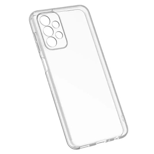 Clear phone case with precise cutouts for camera and buttons, transparent design, and slightly raised edges for screen and camera protection, viewed from an angle.