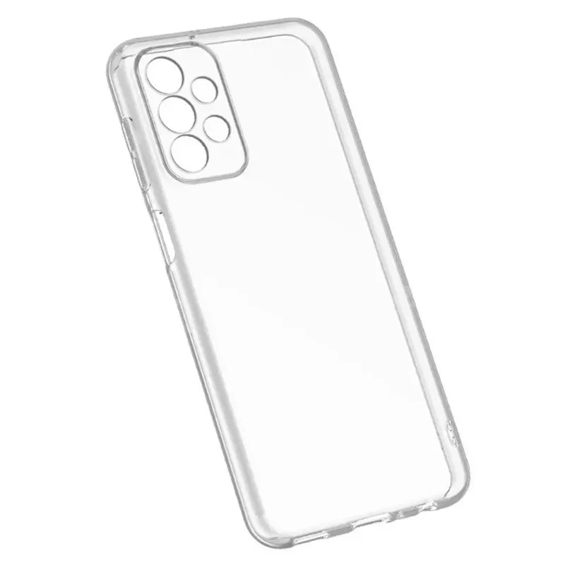 Clear phone case with multiple cutouts for camera lenses and buttons, viewed from an angle. The minimalist design highlights transparent material and slim profile.