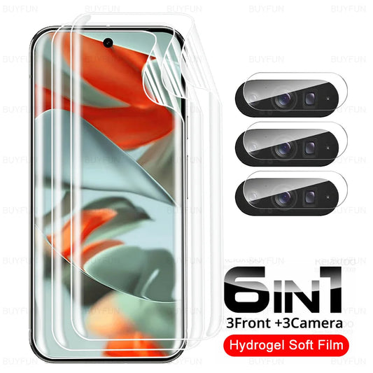 Hydrogel Soft Film screen and camera protector set for smartphone. Includes three front protectors and three camera lens covers. Label reads "6 in 1, 3 Front + 3 Camera."