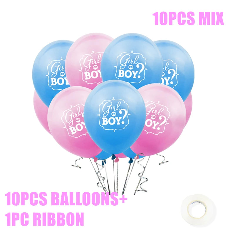 Gender reveal balloons in pink and blue with "Girl or Boy?" text. Includes 10 balloons, a ribbon, and tape for decoration.