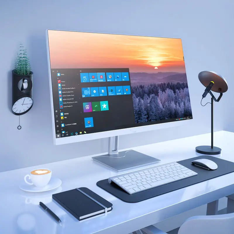 Modern desk setup with a widescreen monitor displaying a sunset over snowy trees. Includes a keyboard, mouse, notebook, pen, lamp, clock, and a cup of coffee.