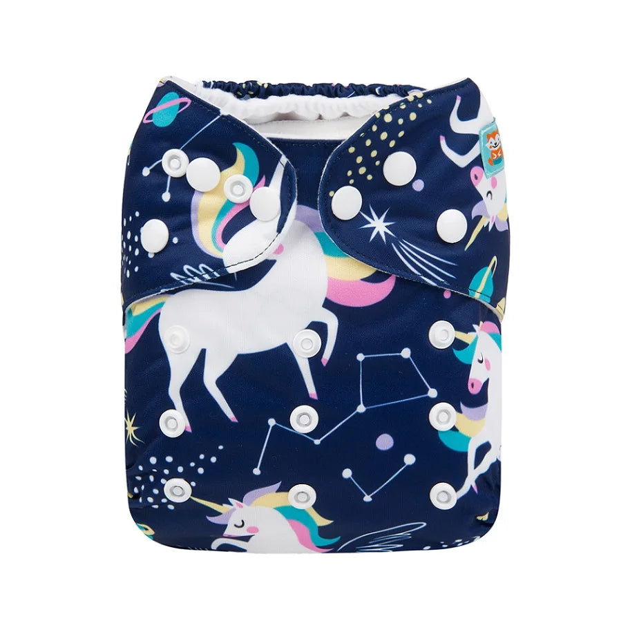 Dark blue cloth diaper with rainbow unicorns, stars, and planets. Features white snaps for adjustments and a whimsical celestial design.