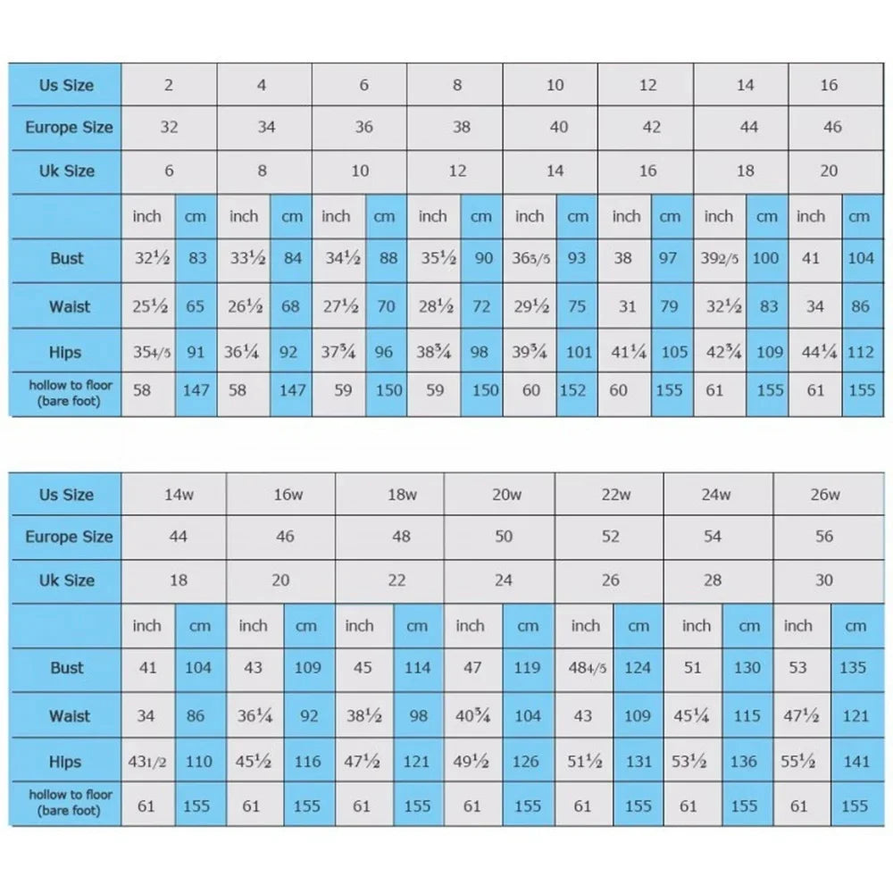 Size chart converting US, Europe, and UK sizes with measurements in inches and cm for bust, waist, hips, and hollow to floor. Ranges from US size 2 to 26w.