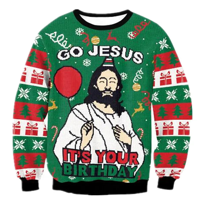A festive sweater with a depiction of Jesus wearing a party hat, holding a red balloon. The text reads "Go Jesus, It's Your Birthday" amid Christmas-themed patterns of snowflakes, trees, and gifts.