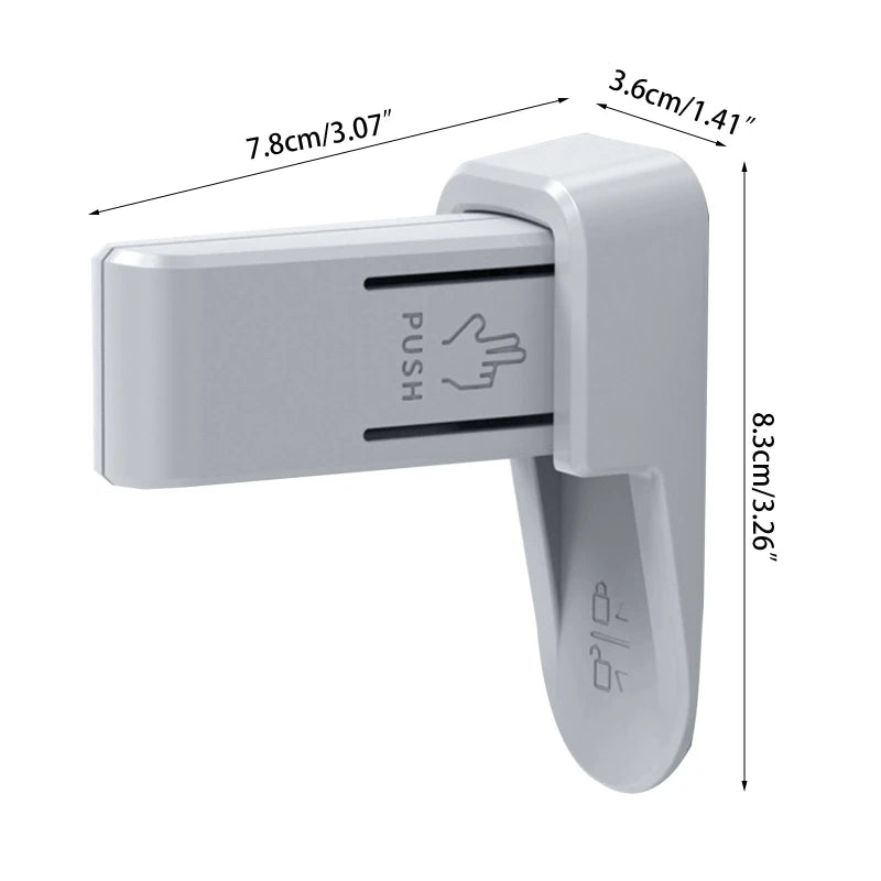 Gray plastic push lock with "PUSH" text and hand icon, measures 7.8cm x 3.6cm x 8.3cm. Designed for securing cabinets or doors, featuring a secure mechanism.