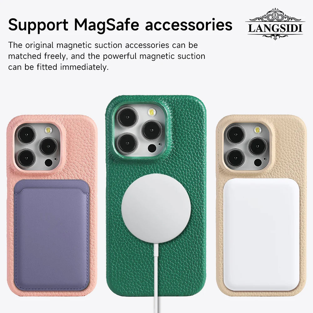 Three iPhones with textured cases in pink, green, and beige support MagSafe accessories. Each features different magnetic items: a cardholder, charger, and battery pack.