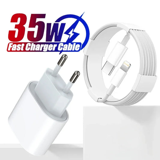 White 35W fast charger with European plug and coiled USB-C to Lightning cable. Blue and red "Fast Charger Cable" text above the charger and cable on a white background.