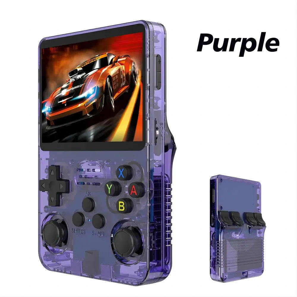 The Faron R36S Retro Handheld Console - 64GB Games features a translucent purple design with colorful buttons. Its IPS screen displays a racing car game, while the rear view highlights the portable device’s design and controls. Purple is shown top right.
