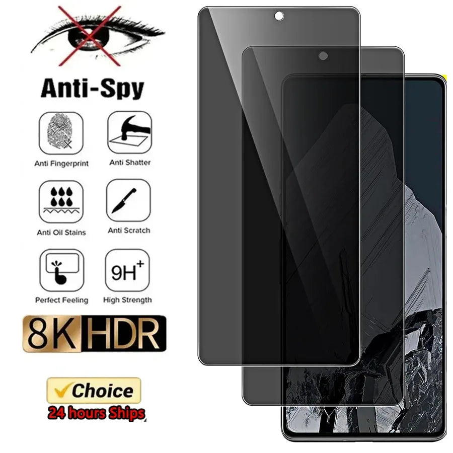 Privacy screen protector with anti-spy, anti-fingerprint, anti-shatter, anti-oil, anti-scratch features. 9H hardness, high strength, 8K HDR, and 24-hour shipping.