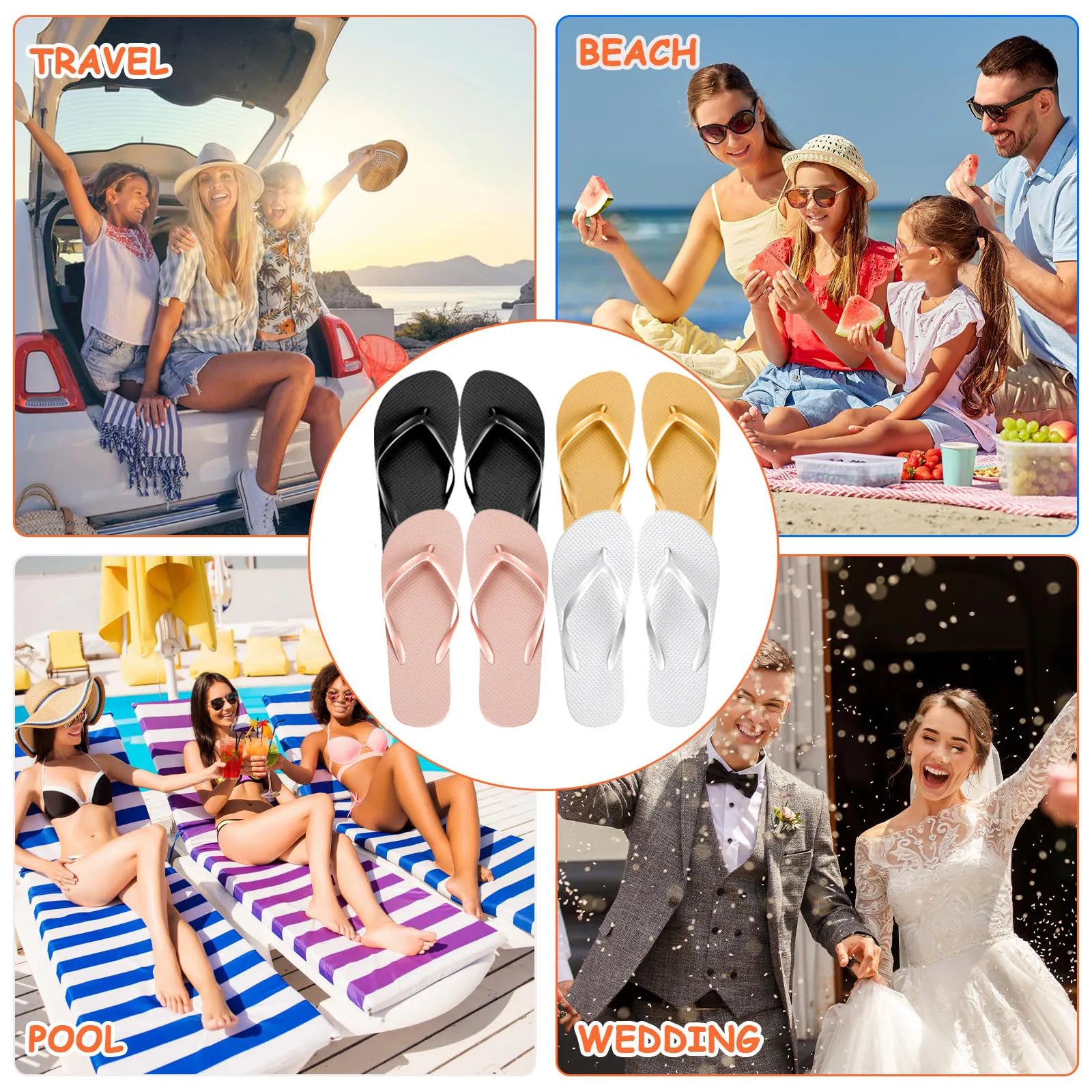 Collage with scenes of a road trip, a family at the beach, friends by the pool, and a wedding. Center features four pairs of flip-flops in black, gold, pink, and white.