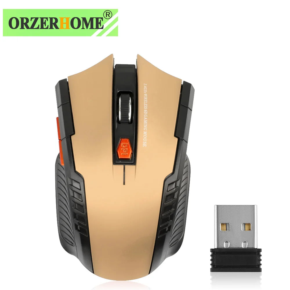 Wireless gaming mouse with a gold and black design, featuring a scroll wheel and orange DPI button. Includes a USB receiver. OrzerHome logo in the top left corner.