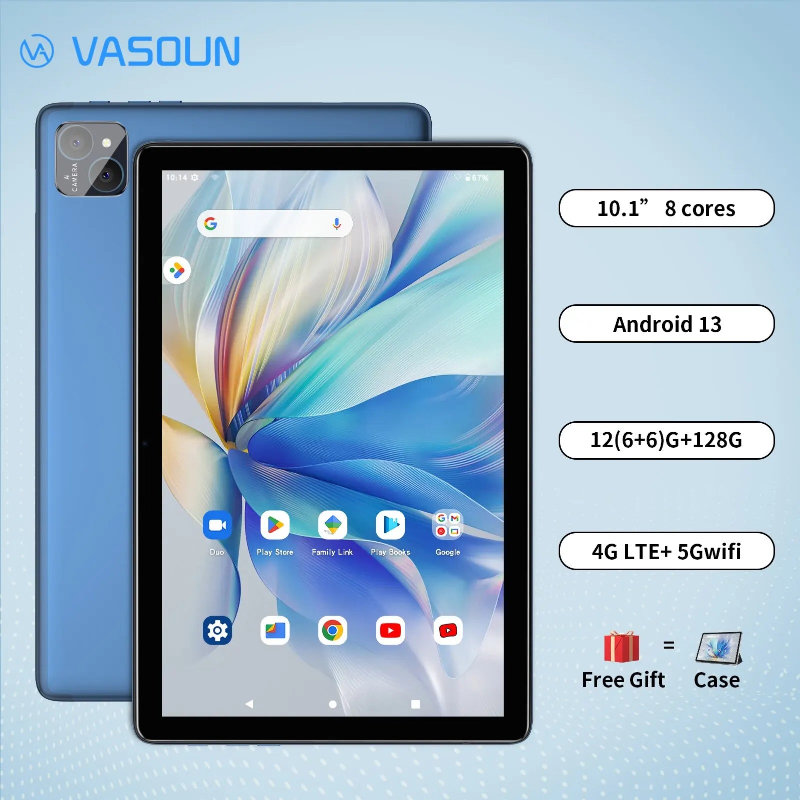 Blue Vasoun tablet with a 10.1-inch display, 8-core processor, Android 13, 12+128GB, 4G LTE, and 5G Wi-Fi. Offers free gift case. Front app icons visible.