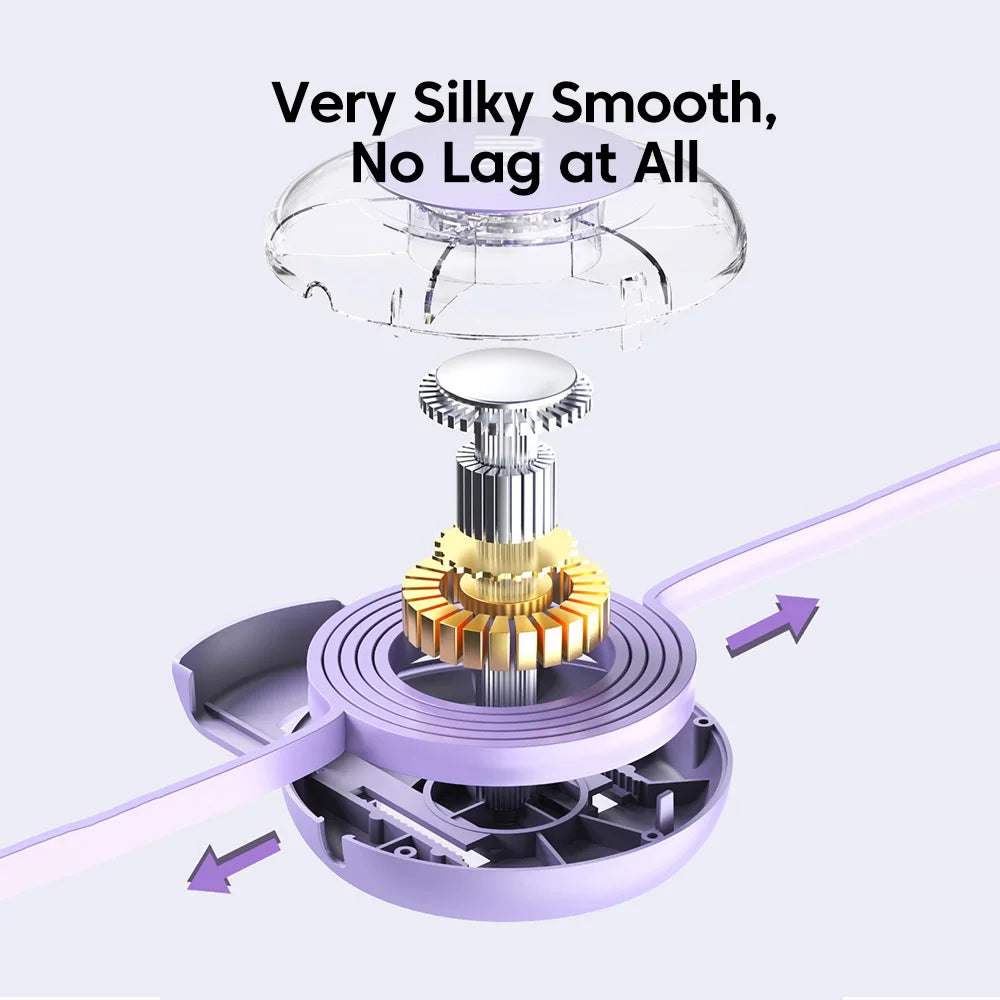 Exploded view of a purple mechanical device with gears, showcasing its smooth operation and efficiency. Text reads "Very Silky Smooth, No Lag at All." Arrows indicate motion.