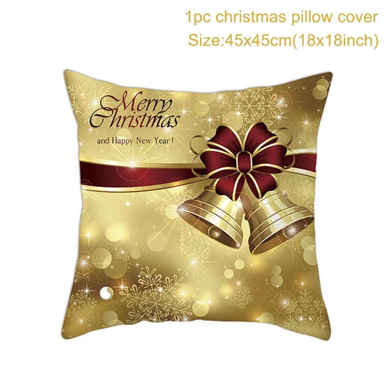 Golden Christmas pillow cover with red ribbon and bells, snowflakes, and "Merry Christmas and Happy New Year!" text. Size details: 45x45cm (18x18 inches).