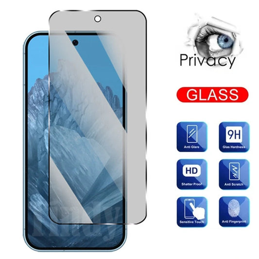 Privacy screen protector for smartphones with features: anti-glare, 9H hardness, HD clarity, shatter-proof, anti-scratch, sensitive touch, and anti-fingerprint properties.