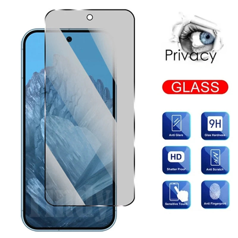 Privacy glass screen protector for a smartphone, featuring features like anti-glare, 9H hardness, shatterproof, anti-scratch, sensitive touch, and anti-fingerprint.