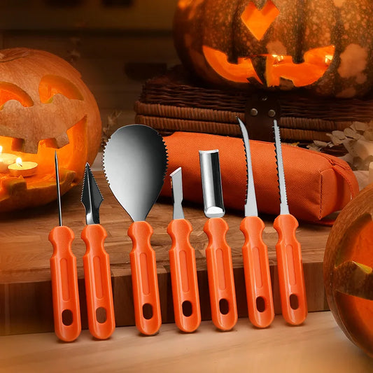 Orange-handled pumpkin carving tools are displayed on a table, surrounded by lit, carved pumpkins.