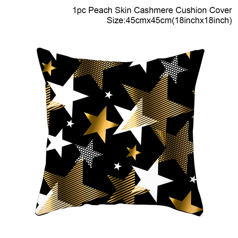 Cushion cover featuring a pattern of gold, white, and patterned stars on a black background. Text above shows the size as 45x45cm and describes the material as peach skin cashmere.