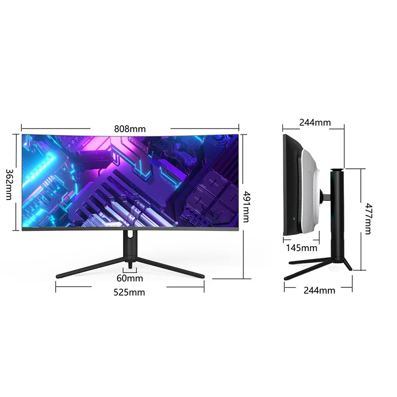 Wide screen monitor with futuristic graphics and dimensions labeled: 808mm wide, 362mm height, 525mm stand width, 491.1mm total height, 244mm depth, and 60mm stand depth.
