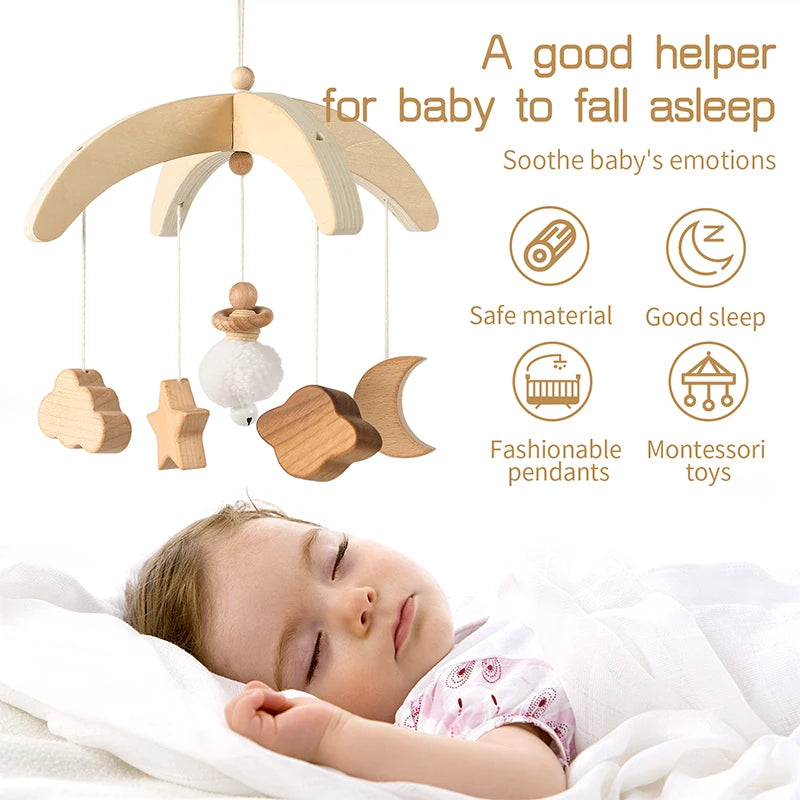 A sleeping baby under a wooden mobile featuring clouds, a star, and a moon. Text highlights sleep benefits, safe materials, and Montessori design.