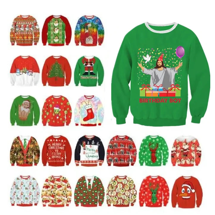 Various festive sweaters are displayed with Christmas and holiday-themed designs. A larger green sweater featuring a bearded man with the text "BIRTHDAY BOY" is prominently shown.