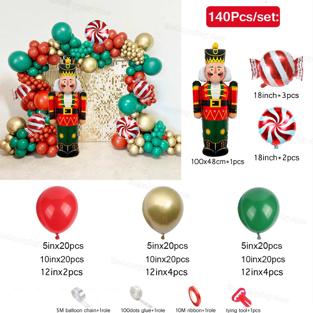 Balloon decoration set featuring a nutcracker, candy balloons, and red, gold, and green balloons. Includes tying tools, glue dots, ribbon, and a balloon chain; 140 pieces total.