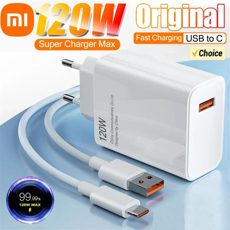 White 120W USB to C fast charger with plug and cable, branded as "Super Charger Max." Graphics highlight "Original" and "99.99% 120W Max" efficiency.