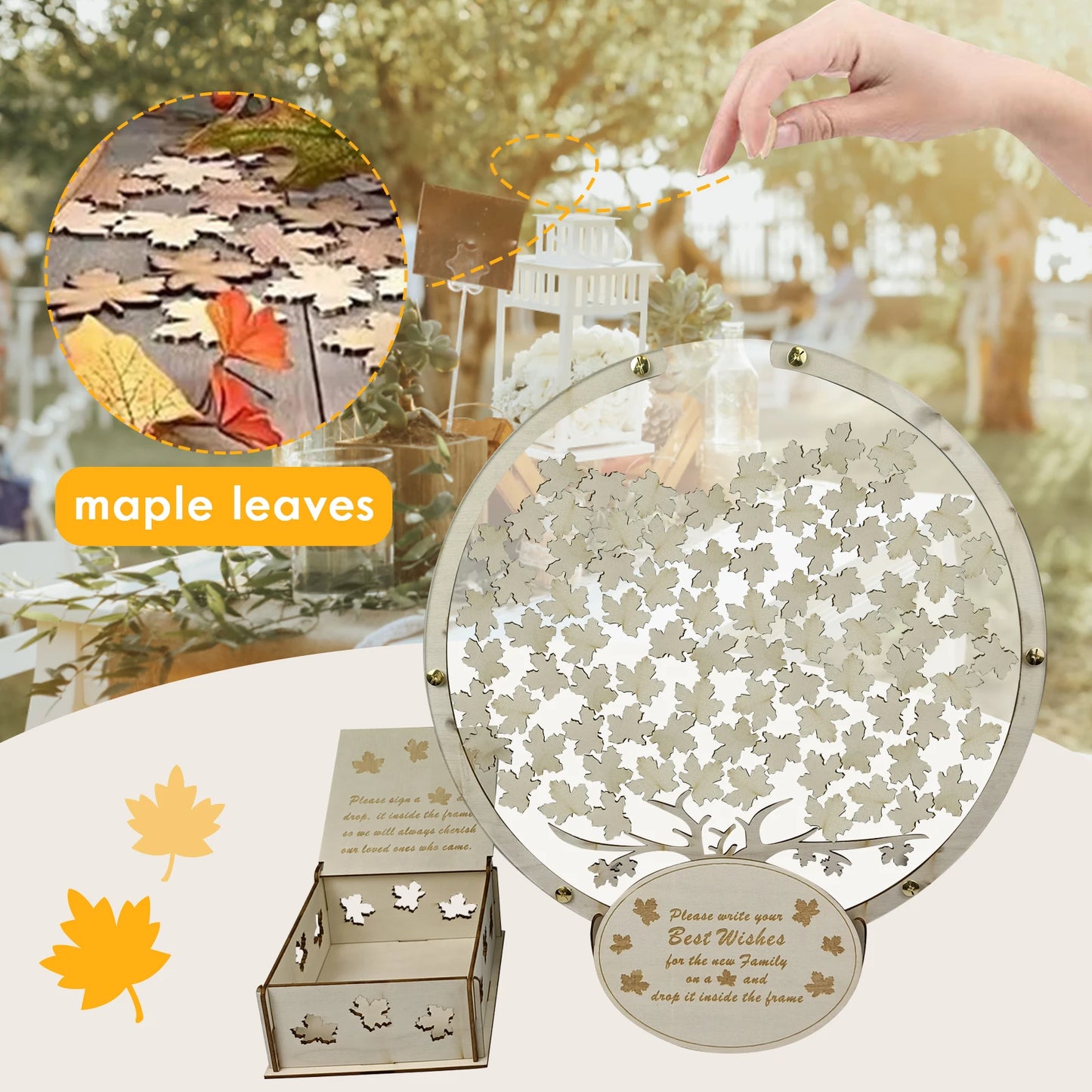 A person places a wooden maple leaf into a circular display, with more leaves scattered below. A wooden box with maple leaf cutouts is nearby, all set on a decorated table.