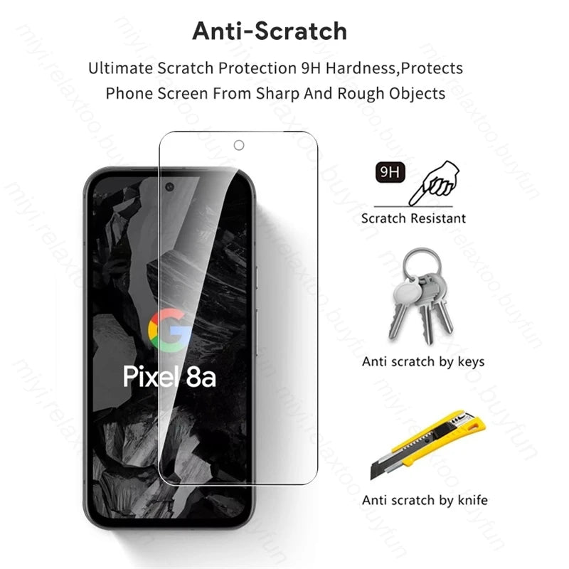 Screen protector for Pixel 8a, labeled as anti-scratch with 9H hardness. Displays key and knife for scratch resistance demo. Includes text promoting screen protection.