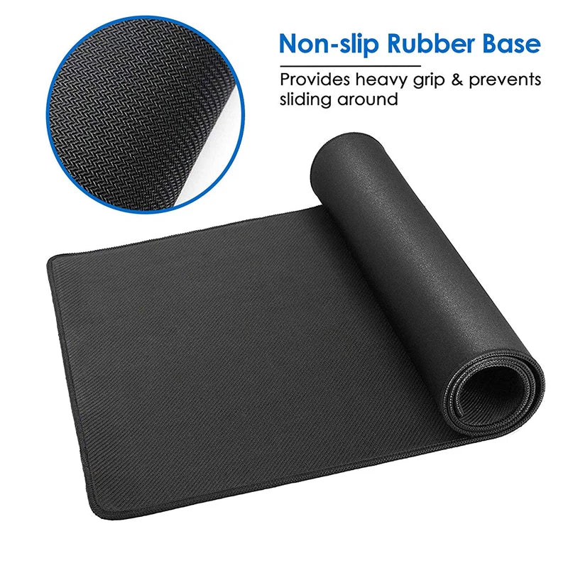 Black non-slip rubber mat with text highlighting its heavy grip to prevent sliding. Close-up shows textured surface, rolled on one end.