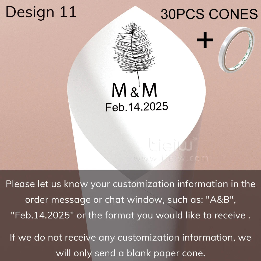 Wedding cones with customizable design, featuring a tree graphic, initials "M & M," and date "Feb. 14, 2025." Includes 30 cones and tape. Customization details required.