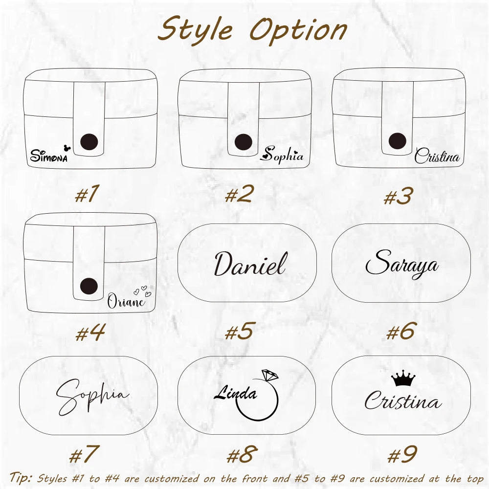 Nine style options for personalization on a rectangular bag. Styles #1-#4 customize the front, #5-#9 the top, with different names and decorative elements like hearts and crowns.