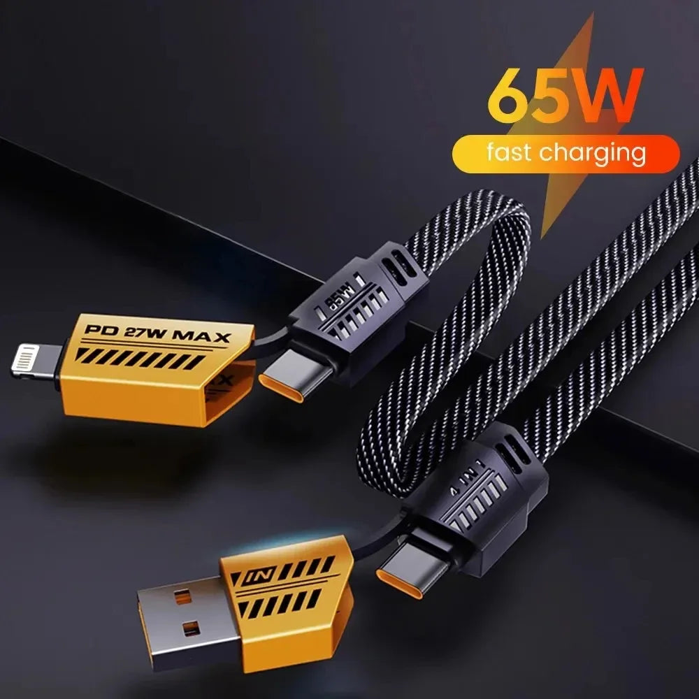 Black and white braided charging cable with USB, USB-C, and Lightning connectors. Features labels "PD 27W MAX" and "65W fast charging" on a black background.