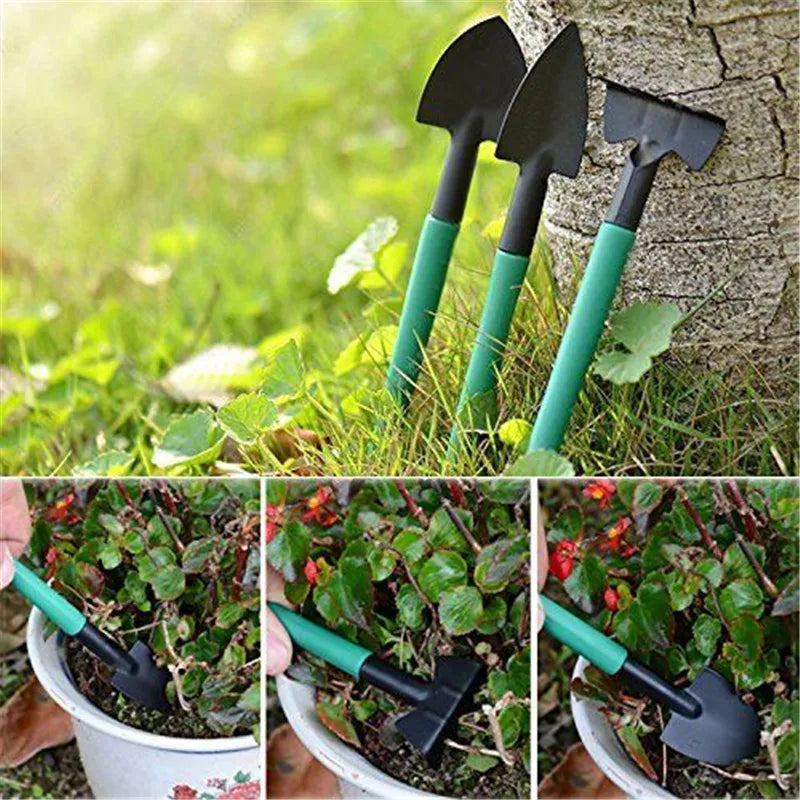 Three small gardening tools with green handles, including two spades and a hoe, leaning against a tree. Insets show the tools being used in a soil-filled pot with green plants.
