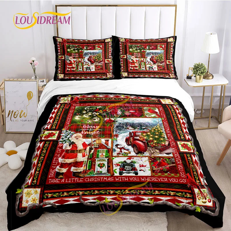 Festive Christmas-themed bedding with colorful Santa and holiday motifs, framed with text "Take a little Christmas with you wherever you go," in a bright, cozy bedroom setting.