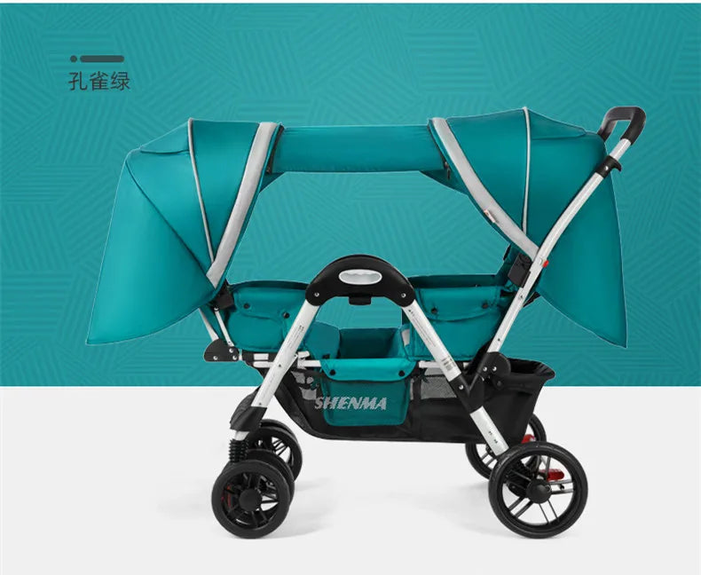 Teal double stroller with a canopy, silver frame, and black wheels. The stroller has two seats, labeled "SHENMA," and is set against a matching teal patterned background.