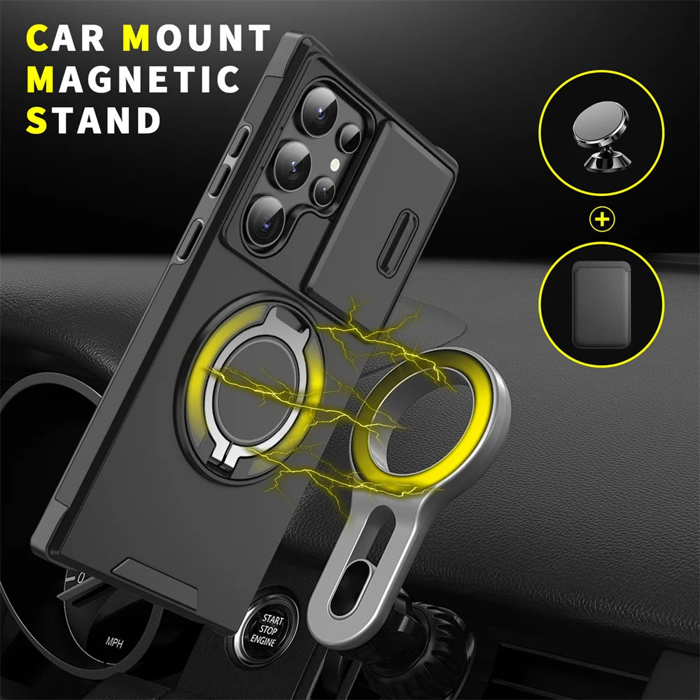 Phone case attached to a magnetic car mount on a dashboard. Yellow accents highlight the magnetic connection. Text reads "Car Mount Magnetic Stand." Two inset images show the mount components.