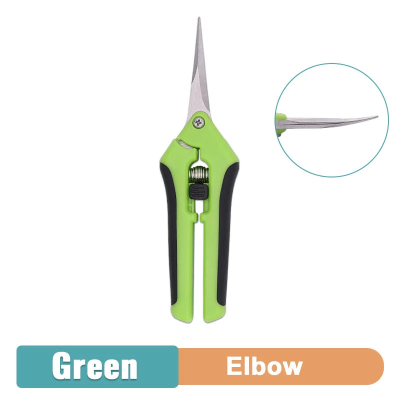 Green pruning shears with black handle grips and an angled tip. The inset circle shows a close-up of the blade's elbow shape. Labels read "Green" and "Elbow."
