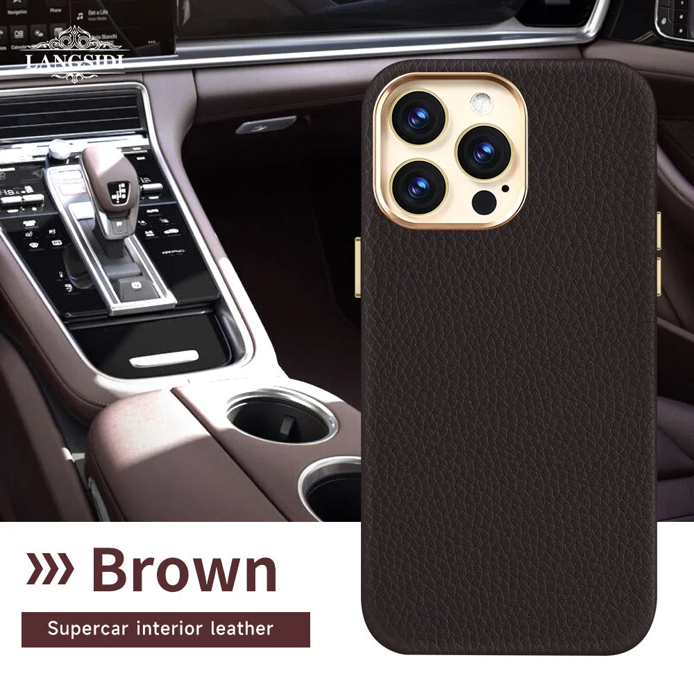 Brown phone case with supercar interior leather texture, against a luxury car dashboard. Text reads "Brown Supercar interior leather" near the bottom left.