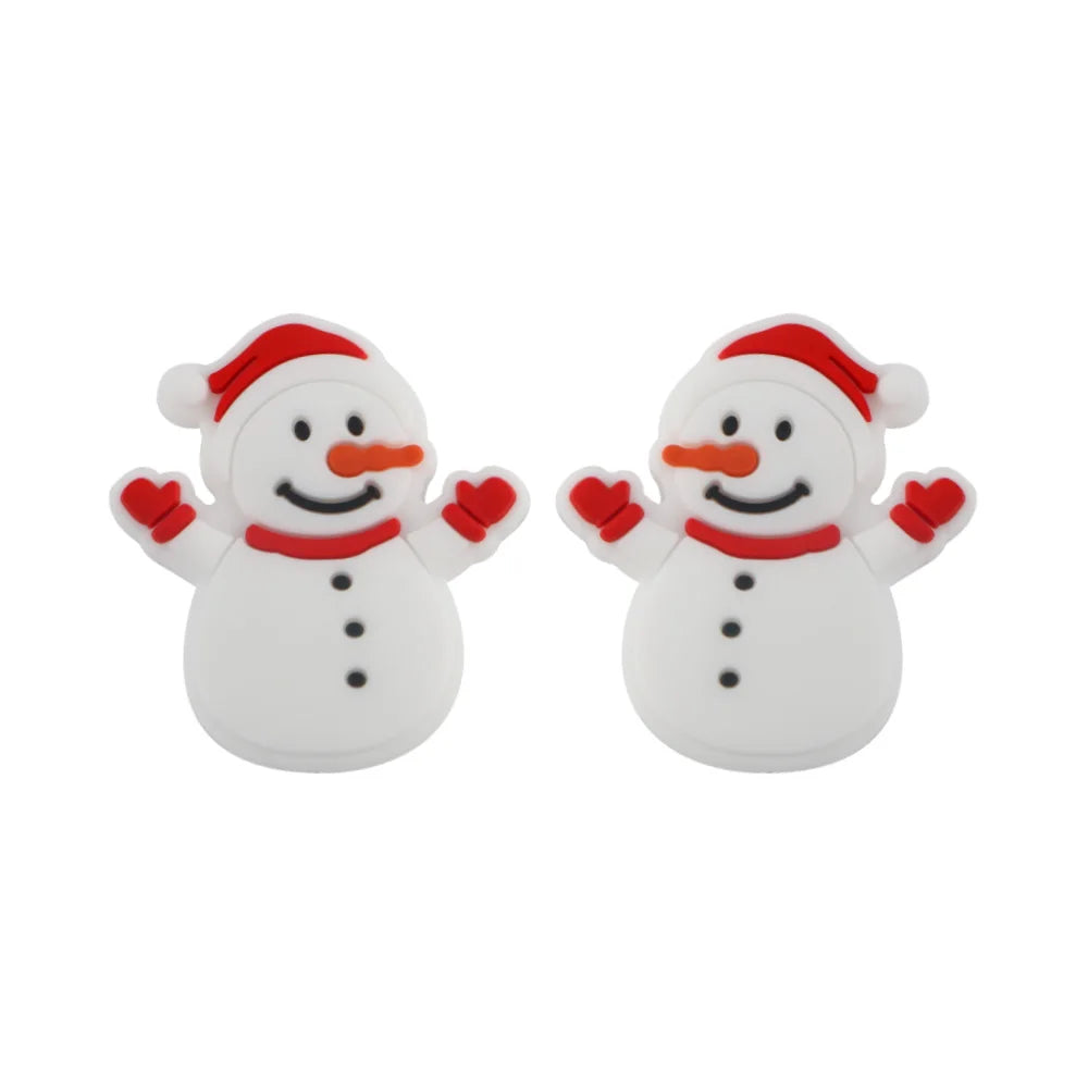 Two cheerful snowman figures with red and white hats and mittens, black buttons, and orange carrot noses. They are side by side, smiling with arms raised against a white background.