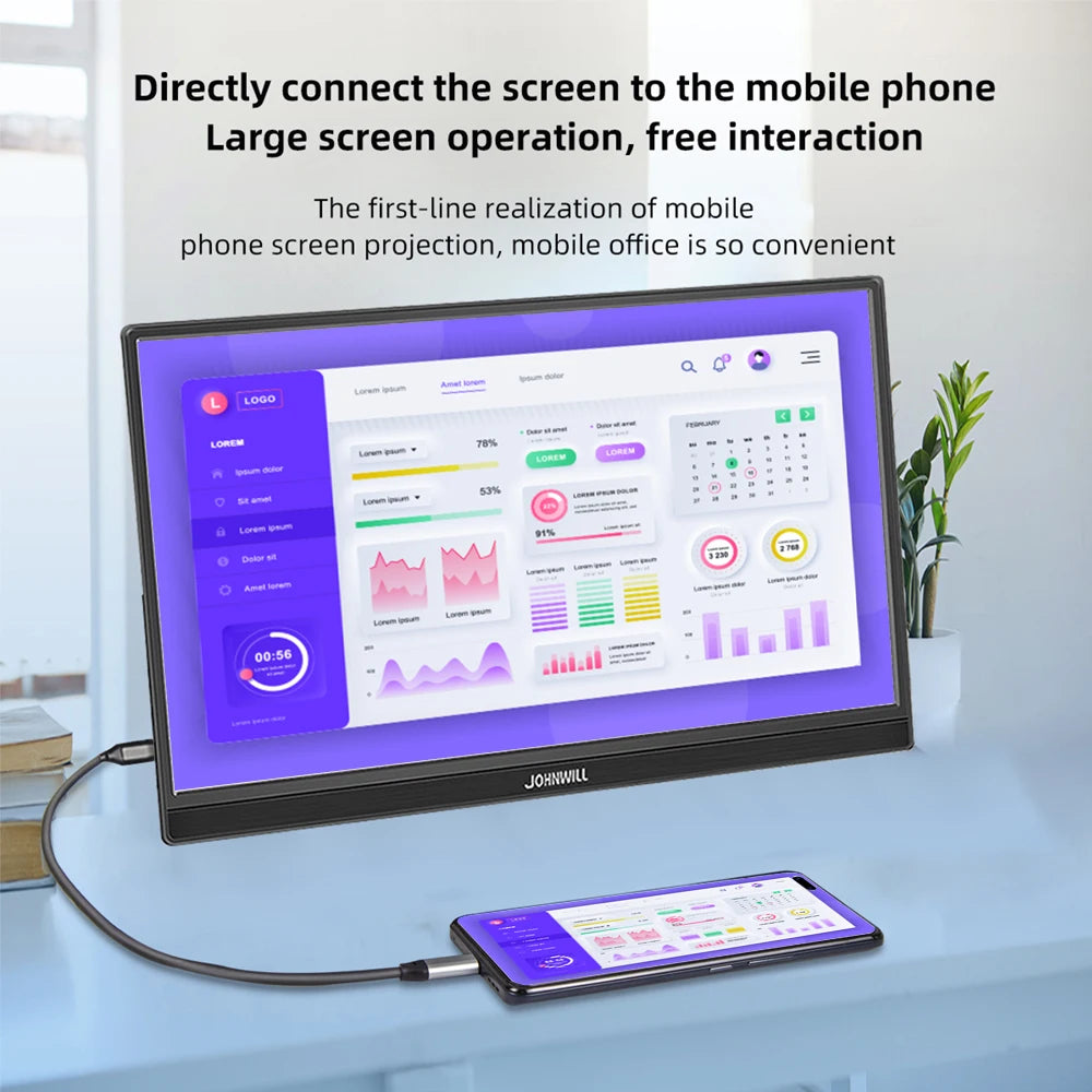 Monitor displaying graphs and charts connected to a smartphone on a desk. Text above promotes direct phone-to-screen projection for convenient mobile office use.