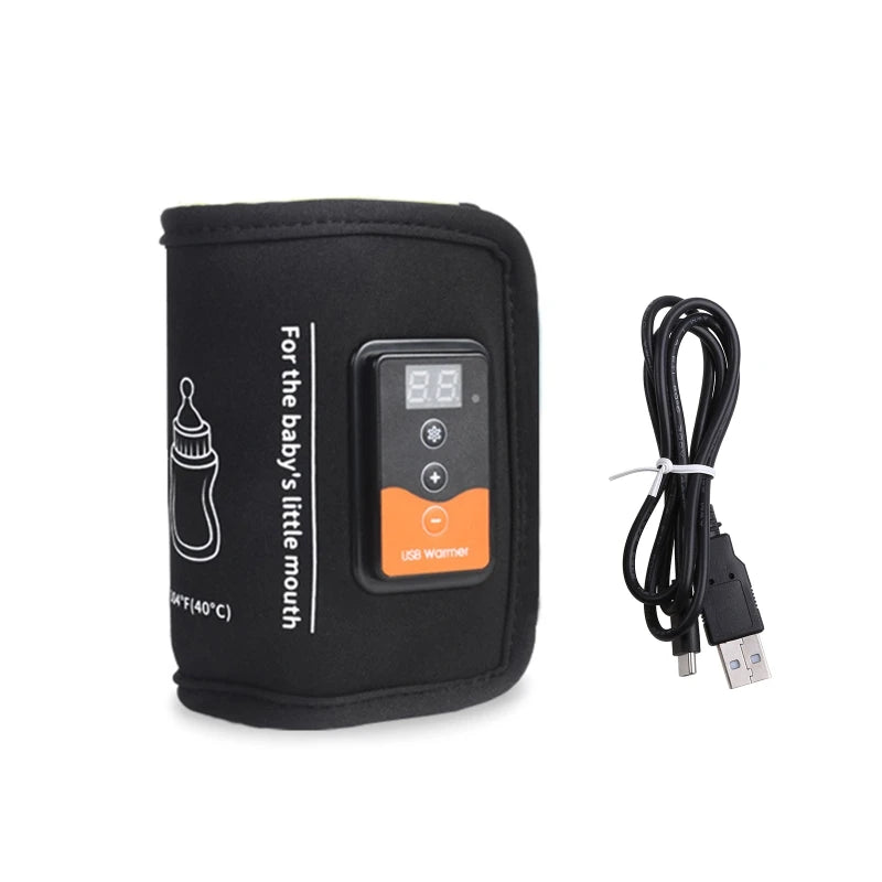 Black portable baby bottle warmer with digital display, USB connector, and control buttons. Includes a USB cable for charging. Text reads "For the baby's little mouth."