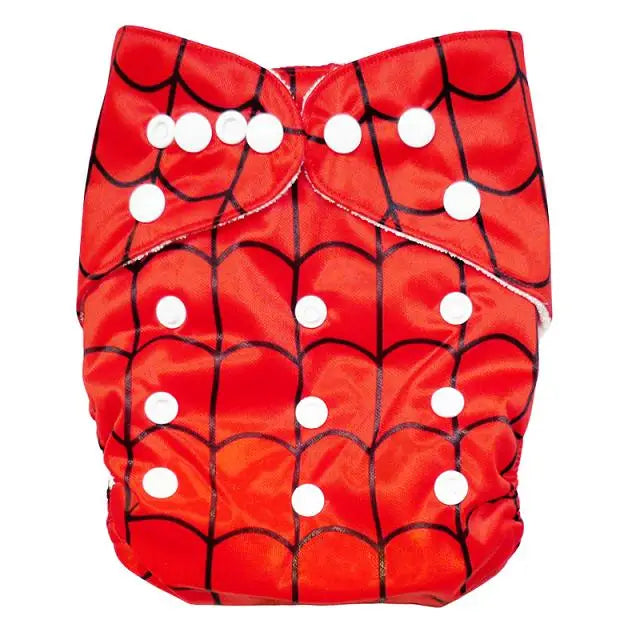 Red and black web-patterned cloth diaper with multiple white snap buttons, designed to fit securely.