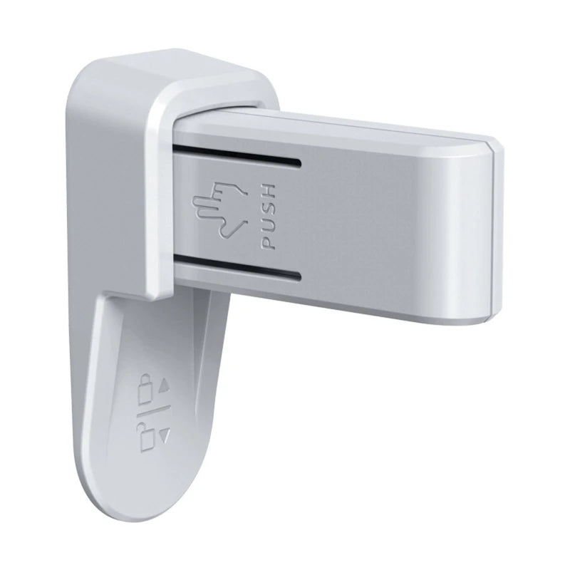 White lever handle with "PUSH" and finger icon. The surface features a streamlined design, with subtle grooves and symbols for operation.