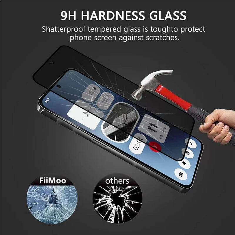 A phone with tempered glass withstands a hammer strike. Text highlights "9H hardness glass" and compares the durability of FiiMoo glass versus other brands using cracked images.
